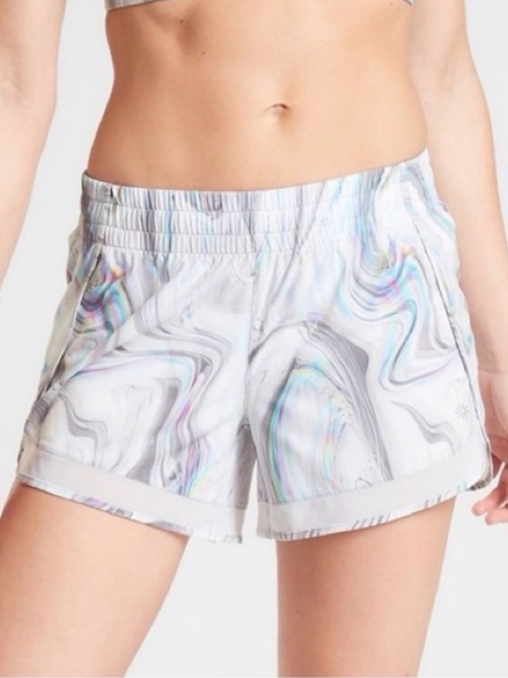 Athleta White Marble-Print Athletic Shorts with Pastel Accents